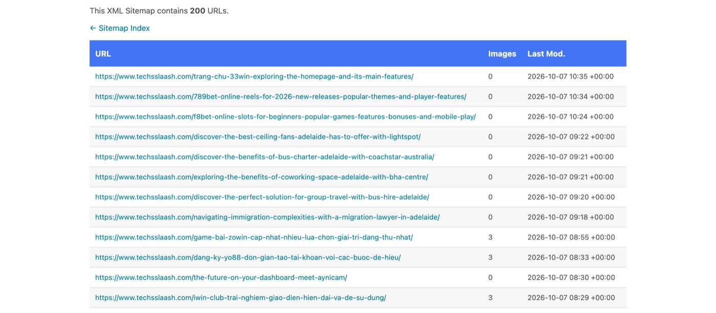 The techsslaash.com post sitemap on October 7, 2026, listing posts added that morning: trang-chu-33win, 789bet-online-reels, f8bet-online-slots, then five Adelaide business posts, then game-bai-zowin and dang-ky-yo88