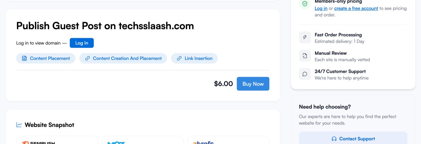 The Vefogix marketplace listing on October 7, 2026: Publish Guest Post on techsslaash.com, with Content Placement, Content Creation And Placement and Link Insertion options, a price of $6.00 and a Buy Now button