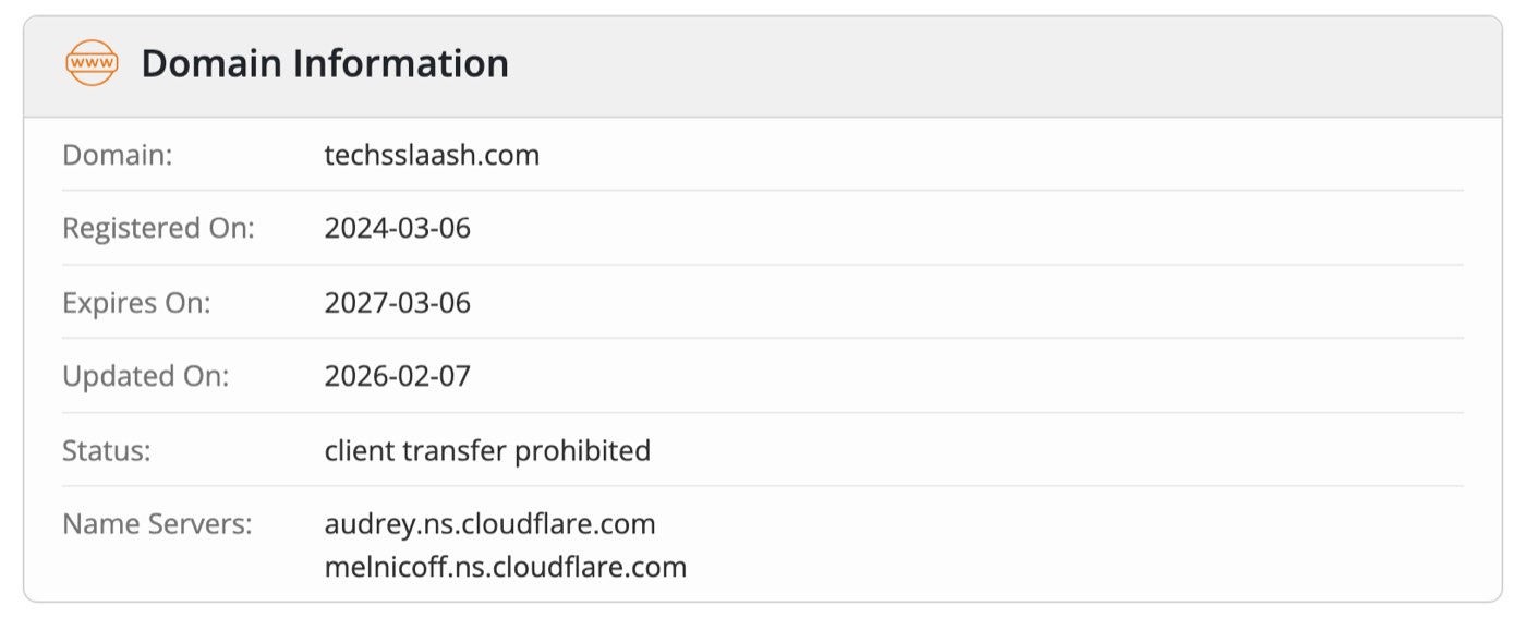 The whois.com record for techsslaash.com on October 7, 2026: Registered On 2024-03-06, Expires On 2027-03-06, Updated On 2026-02-07, status client transfer prohibited, name servers audrey and melnicoff at ns.cloudflare.com