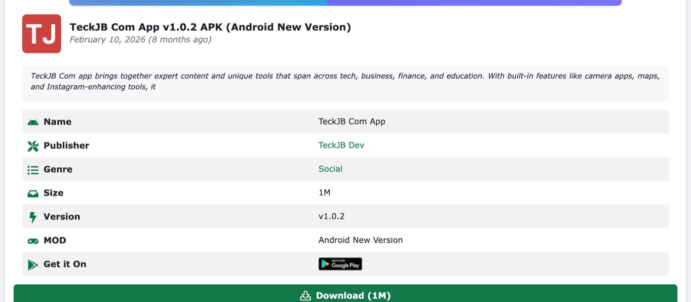 The playapks.com page TeckJB Com App v1.0.2 APK (Android New Version) on October 13, 2026, dated February 10, 2026, listing Publisher TeckJB Dev, Genre Social, Size 1M, Version v1.0.2, a Get it On Google Play badge and a Download (1M) button
