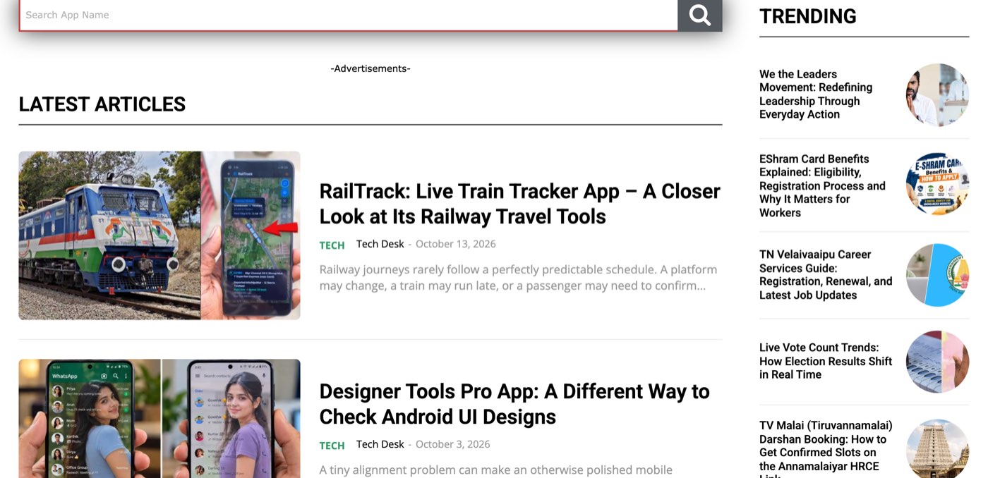 The teckjb.com homepage on October 13, 2026: a Search App Name box, an Advertisements placeholder, Latest Articles starting with RailTrack: Live Train Tracker App and Designer Tools Pro App, both by Tech Desk, and a Trending column with EShram Card Benefits and TN Velaivaaipu Career Services Guide