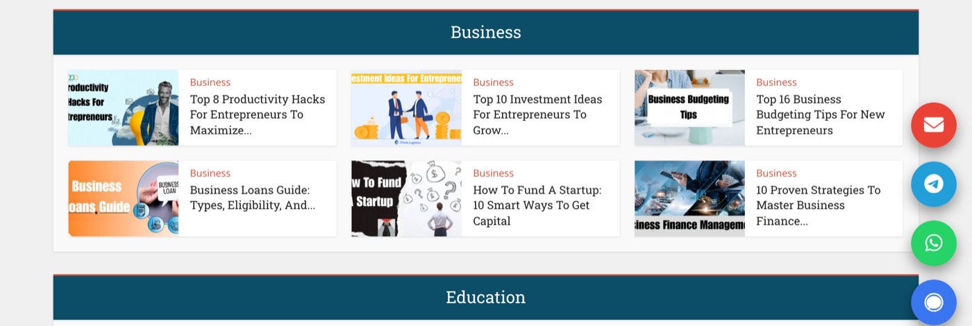 The teckjb.pro homepage on October 13, 2026: a Business section with Top 8 Productivity Hacks For Entrepreneurs, Top 10 Investment Ideas For Entrepreneurs and Business Loans Guide, an Education section below, and floating email, Telegram and WhatsApp buttons