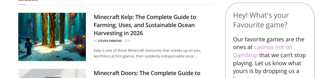 The thinkofgames.com homepage on October 17, 2026: Minecraft guide listings on the left and, on the right, a box headed Hey! What's your Favourite game? saying Our favorite games are the ones at casinos not on GamStop that we can't stop playing, with casinos not on GamStop as a link