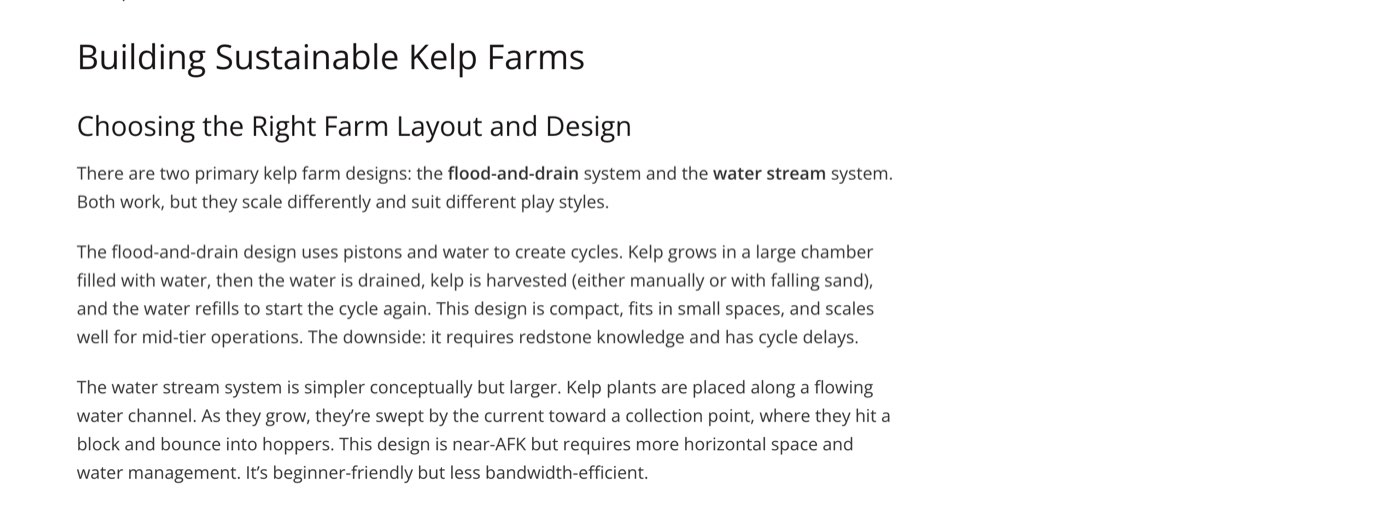 A ThinkOfGames Minecraft kelp guide on October 19, 2026, section Building Sustainable Kelp Farms: a flood-and-drain design and a water stream system in which kelp plants are placed along a flowing water channel