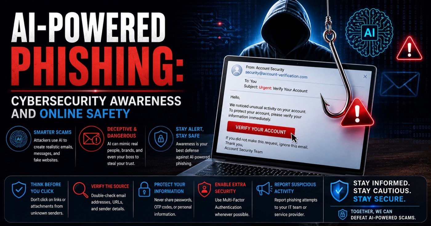 Illustration: a laptop showing a fake Urgent: Verify Your Account email from security@account-verification.com, a fishing hook and a hooded figure, with tips to think before you click, verify the source, protect your information, enable extra security and report suspicious activity