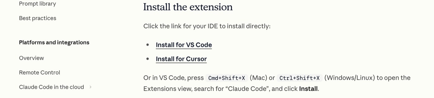 Claude Code documentation on September 25, 2026, listing Install for VS Code and Install for Cursor links under Install the extension
