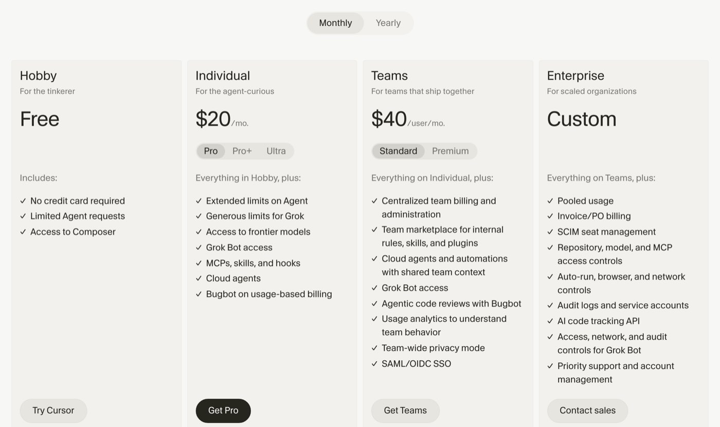 Cursor pricing page on September 25, 2026: Hobby free, Individual $20 per month with Pro, Pro+ and Ultra options, Teams $40 per user per month, Enterprise custom