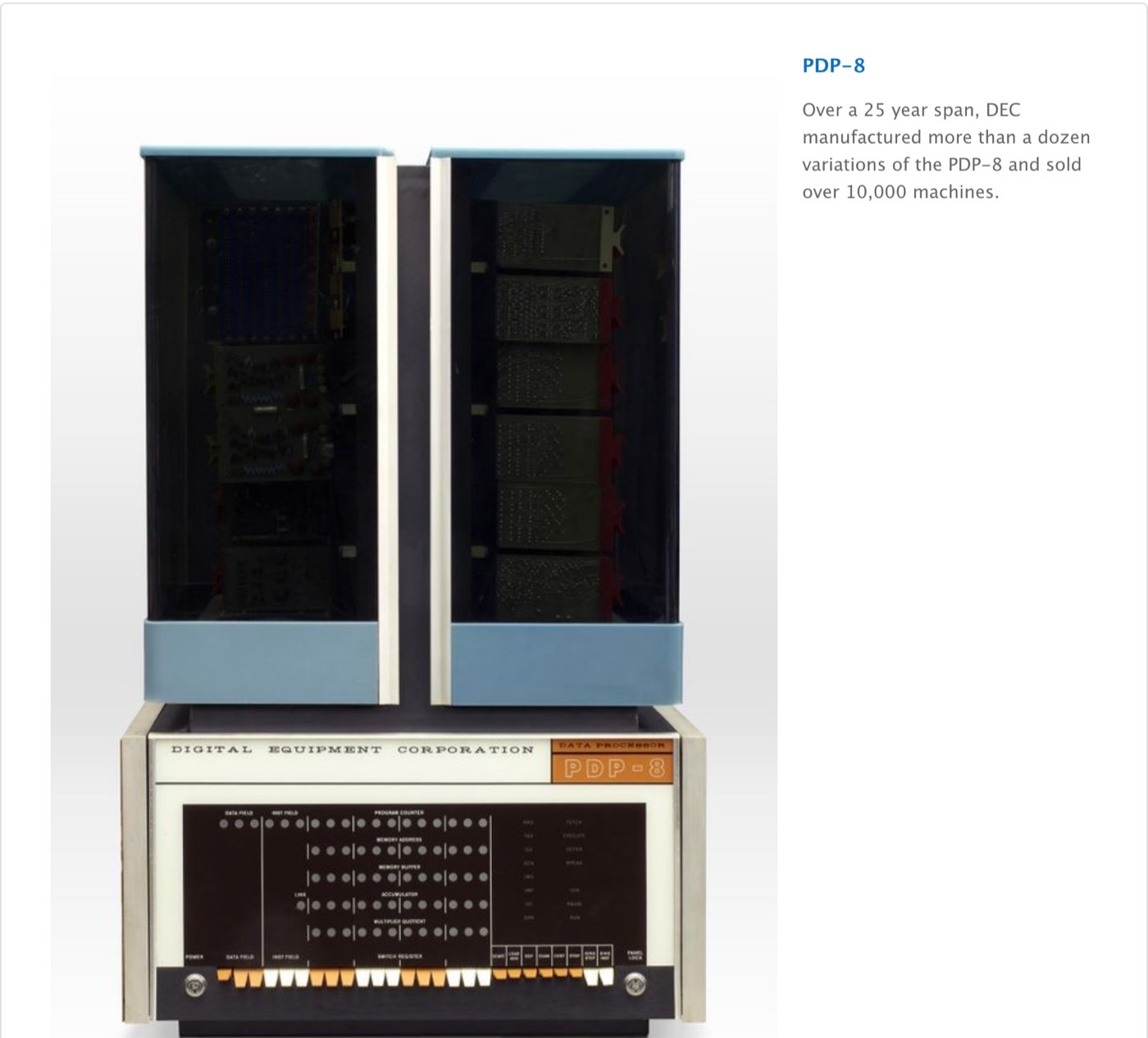 The Computer History Museum's page on the DEC PDP-8, viewed on October 18, 2026: a photo of the PDP-8 minicomputer, two glass-fronted cabinets above a Digital Equipment Corporation front panel, with the note that DEC sold over 10,000 machines