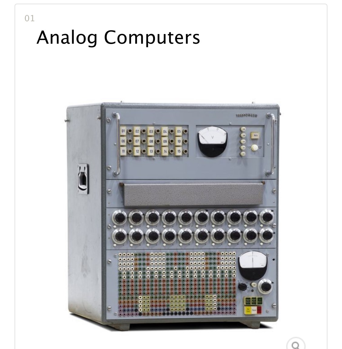 The Computer History Museum's Analog Computers page, viewed on October 18, 2026: a Telefunken RAT 700/2 table-top analog computer, a grey cabinet with meters, rows of dials and a patch panel of coloured sockets