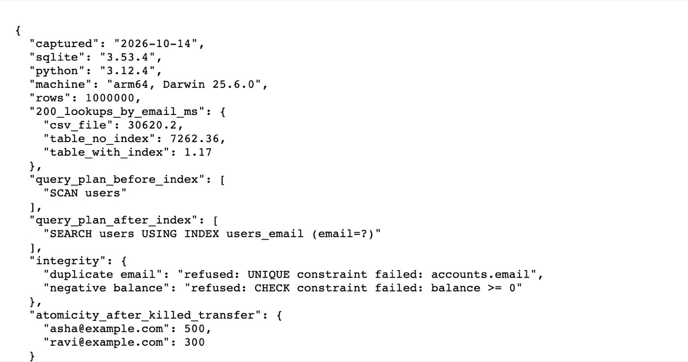 The summary.json output of the DBMS test on October 14, 2026: SQLite 3.53.4, Python 3.12.4, 1,000,000 rows; 200 lookups by email took 30620.2 ms in a CSV file, 7262.36 ms in a table with no index and 1.17 ms with an index; the query plan was SCAN users before the index and SEARCH users USING INDEX users_email after; a duplicate email and a negative balance were refused; after a killed transfer the balances were still 500 and 300