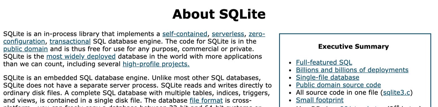 The About SQLite page on sqlite.org on October 14, 2026: SQLite is an in-process library that implements a self-contained, serverless, zero-configuration, transactional SQL database engine, the code is in the public domain, and SQLite is the most widely deployed database in the world