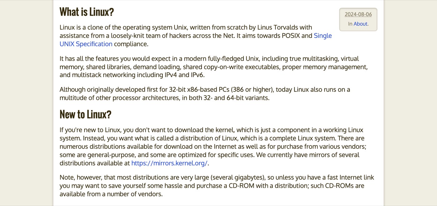 The About Linux Kernel page on kernel.org on October 9, 2026, stating that Linux is a clone of the operating system Unix written from scratch by Linus Torvalds, that it has true multitasking and virtual memory, and that newcomers want a distribution of Linux rather than the kernel