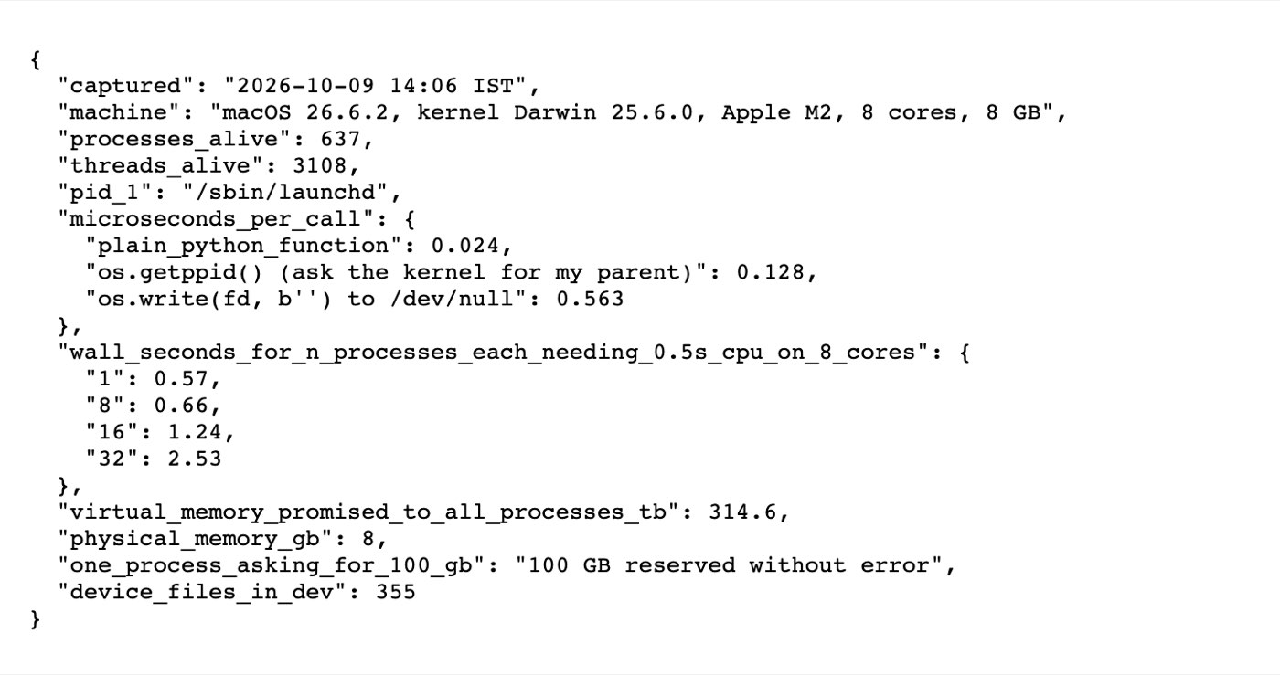 The summary.json output of the observation script on October 9, 2026: macOS 26.6.2, kernel Darwin 25.6.0, Apple M2, 8 cores, 8 GB; 637 processes and 3108 threads alive, PID 1 /sbin/launchd; microseconds per call 0.024 for a plain function, 0.128 for os.getppid and 0.563 for os.write to /dev/null; wall seconds 0.57, 0.66, 1.24 and 2.53 for 1, 8, 16 and 32 processes; 314.6 TB of virtual memory promised against 8 GB physical; 100 GB reserved without error; 355 device files in /dev