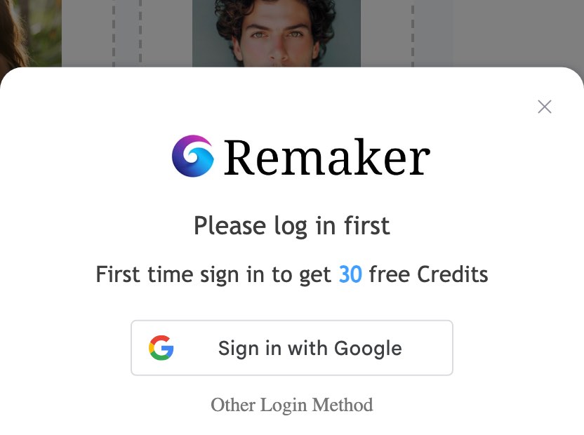 Remaker AI's face swap on October 19, 2026, after a few free tries: a box saying Please log in first, First time sign in to get 30 free Credits, with a Sign in with Google button