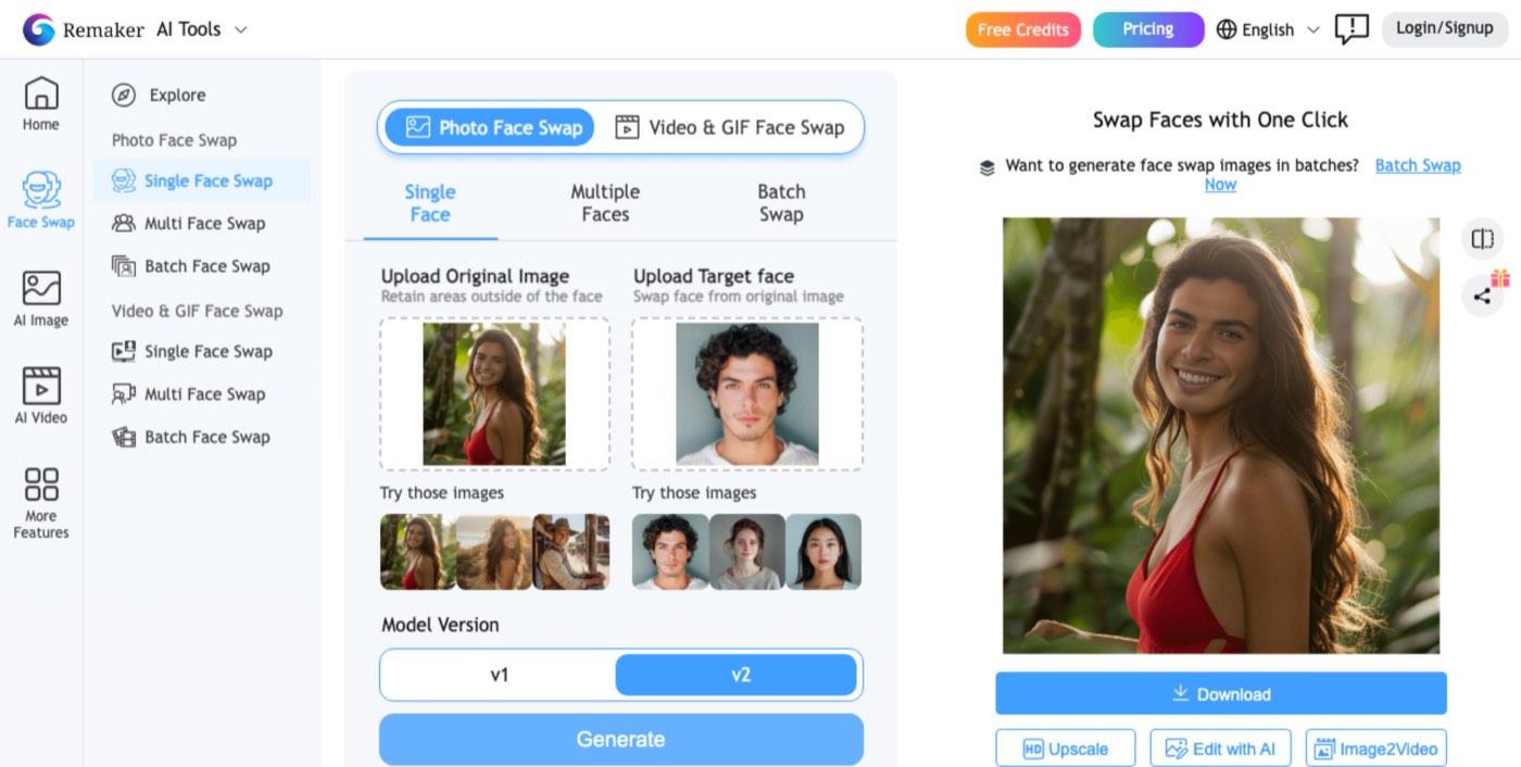 Remaker AI's face swap page on October 18, 2026, not signed in, with Login/Signup at the top right, two of Remaker's sample photos as inputs, the face-swapped result and a Download button