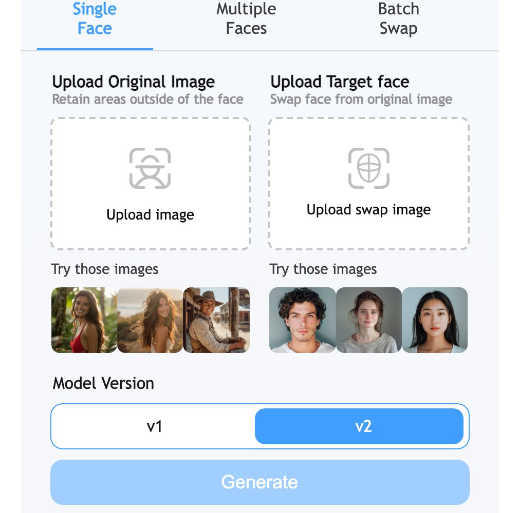 Remaker AI's face swap tool on October 18, 2026, not signed in: Single Face, Multiple Faces and Batch Swap tabs, Upload Original Image and Upload Target face boxes with sample photos, Model Version v1 and v2, and a Generate button
