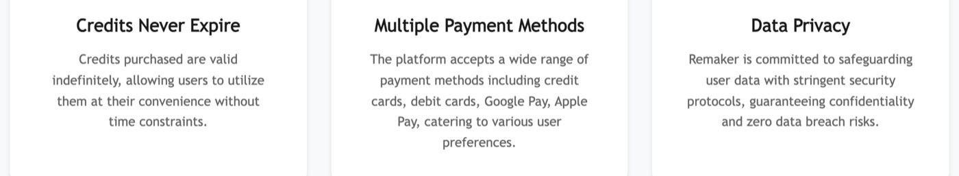 Three cards on Remaker AI's homepage on October 18, 2026: Credits Never Expire; Multiple Payment Methods, saying the platform accepts credit cards, debit cards, Google Pay and Apple Pay; and Data Privacy, promising zero data breach risks