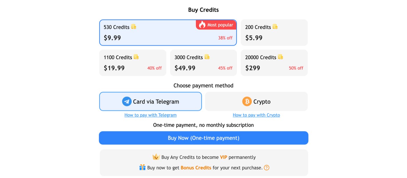 Remaker AI's pricing page on October 18, 2026: credit packs from 200 credits for $5.99 to 20,000 credits for $299, and a Choose payment method row with two options, Card via Telegram and Crypto