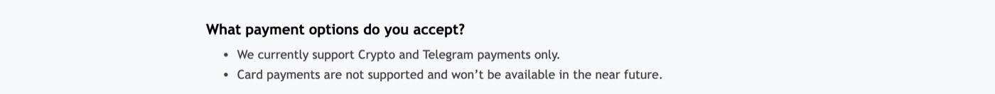 The FAQ on Remaker AI's pricing page on October 18, 2026: What payment options do you accept? We currently support Crypto and Telegram payments only. Card payments are not supported and won't be available in the near future.